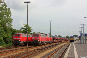 DB 218 362-2+218 311-9 med AS 1456, DB 218 836-5+218 359-8 med AS 1452 og NOB DE 2700-05 med materiel til NOB 81822. Niebüll 28.06.2014.