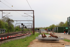 Oplagsplads og skurvognsby i Årup i forbindelse med sommerens sporarbejder 09.05.2015.