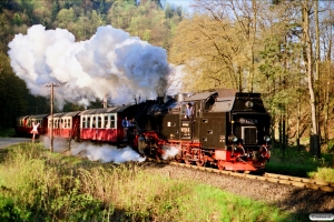 DR 99 7234-0 med Tog 14402. Eisfelder Talmühle 19.05.1991.