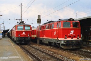 ÖBB 1044 059-2 med godstog og 2143 031-9 med E 755. Wiener Neustadt 13.04.1991.