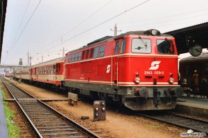 ÖBB 2143 029-3 med Tog 2706. Wiener Neustadt 13.04.1991.